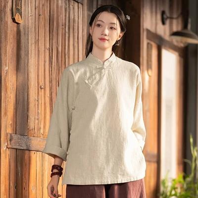 Women Chinese Style Stand Shirts Tops Solid Color Blouses Spring Long Sleeve Vintage Women Shirts