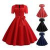 Women Dress Square Neck Short Sleeve Vintage Style 1950s A-line Big Hem Button Decor Dot Print Color Matching Mid Waist Belted Bow Decor