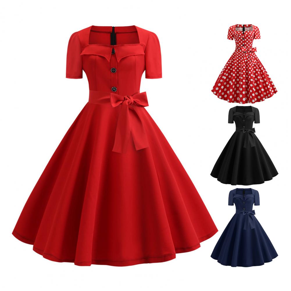 Women Dress Square Neck Short Sleeve Vintage Style 1950s A-line Big Hem Button Decor Dot Print Color Matching Mid Waist Belted Bow Decor