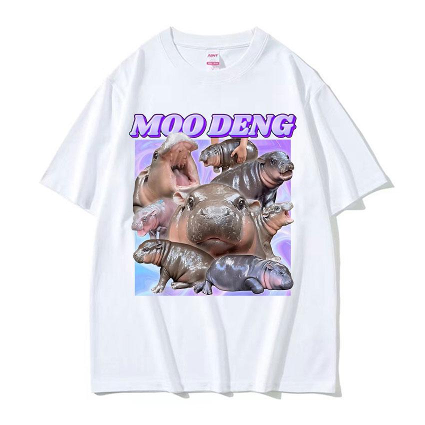 Cute Baby Hippo Moo Deng Kawaii Funny T Shirts for Unisex Women Summer Casual Oversized Tshirt Vintage Fashion Pure Cotton T Shirt