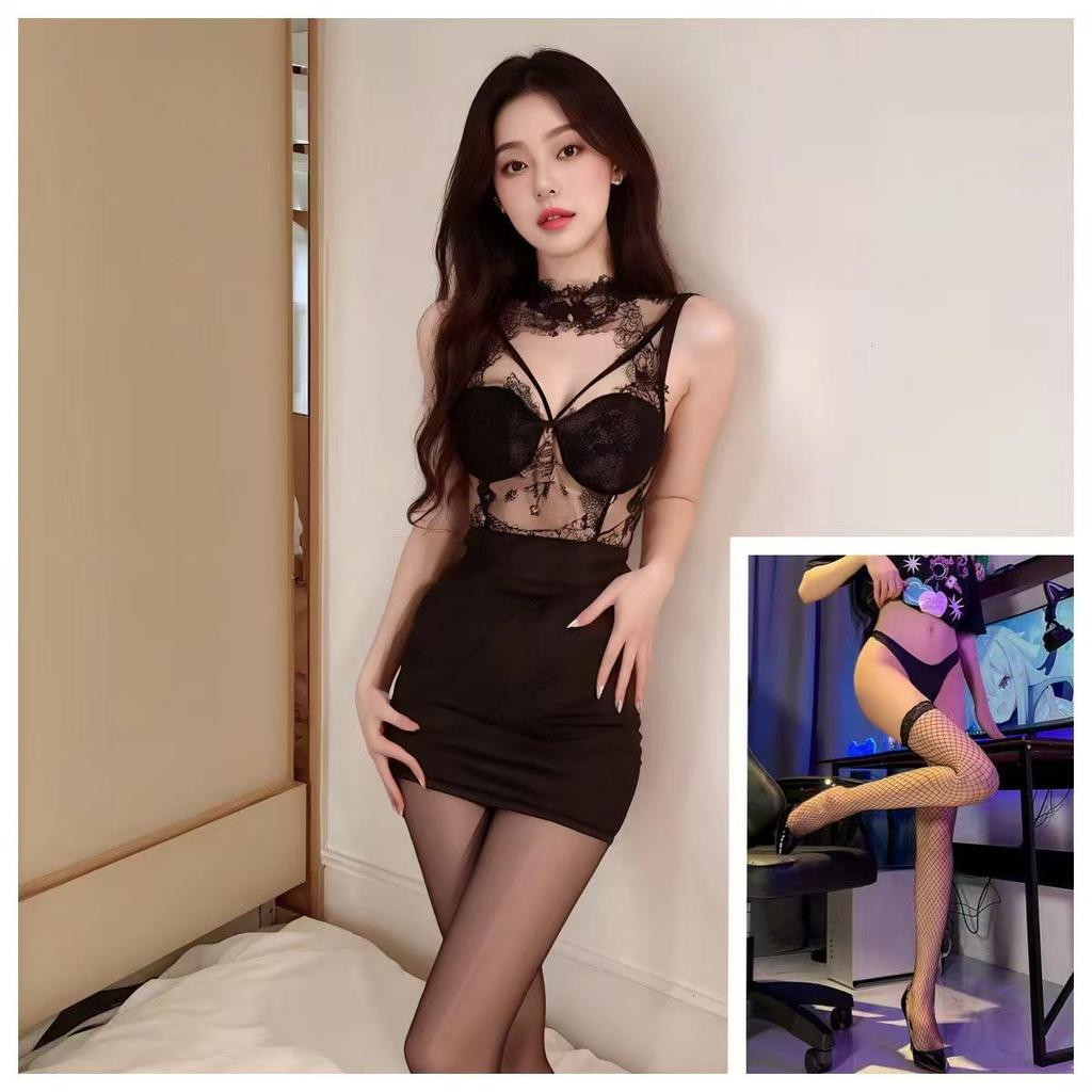 Black Lace Sexy Lingerie Dress - Breathable, Slim-Fit, Hollow Texture, Hip-Hugging Design for Women.