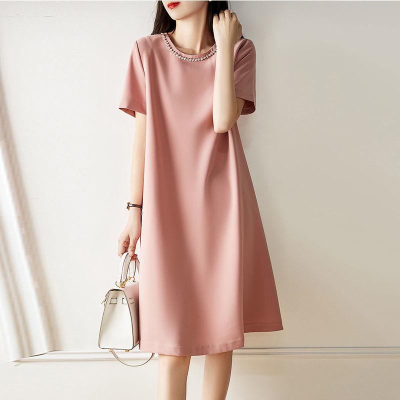 

Летнее платье женское розовое H-образное платье с коротким рукавом однотонное повседневное платье с бисером вечерние платье средней длины 4XL розовый