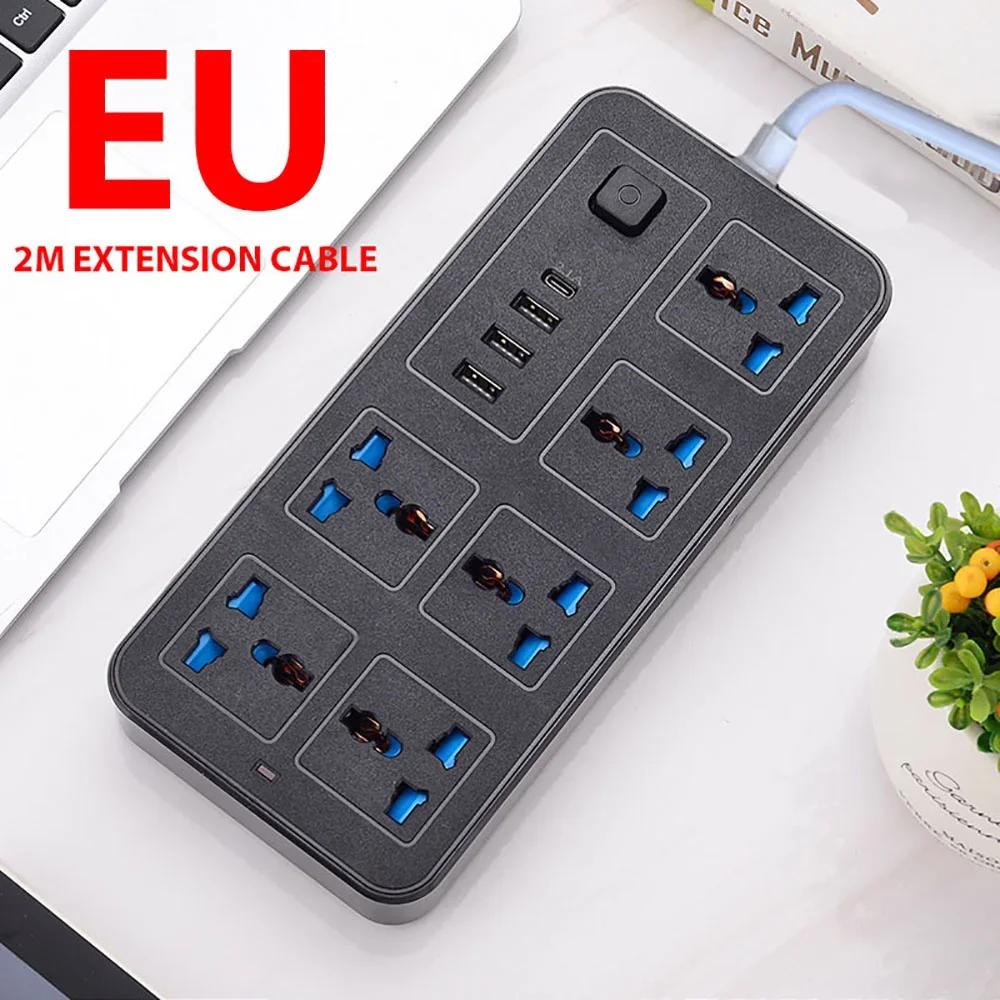 2m Extension Cord Power Multi Tap Multi Ports AC Sockets & 3 USB Electrical Socket Type C Smart Home EU US UK Universal Plug