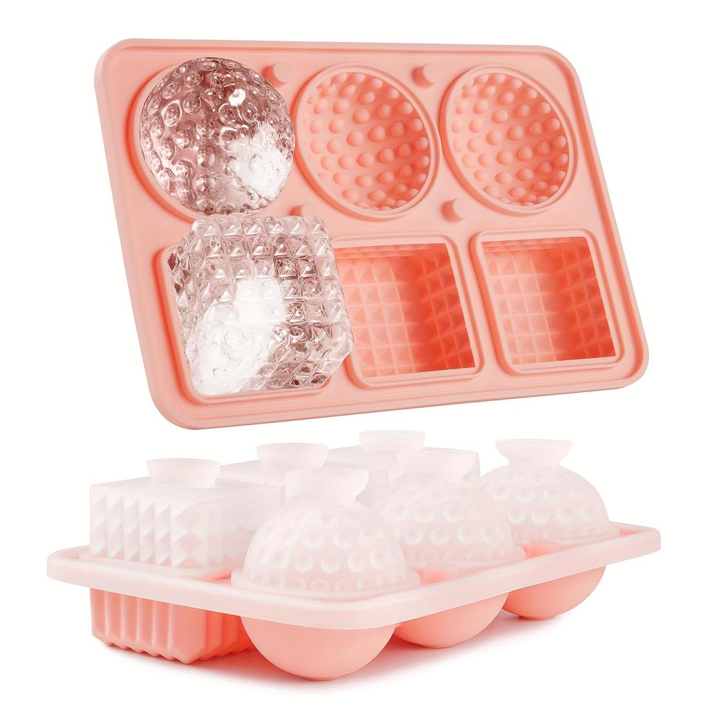 Large Silicone Ice Cube Tray, 3 Large Crystal Cubes and 3 Spherical Golf Ice Trays, with Fun Shaped Ice Maker Molds, 6 Hole Ice Mold with Funnel