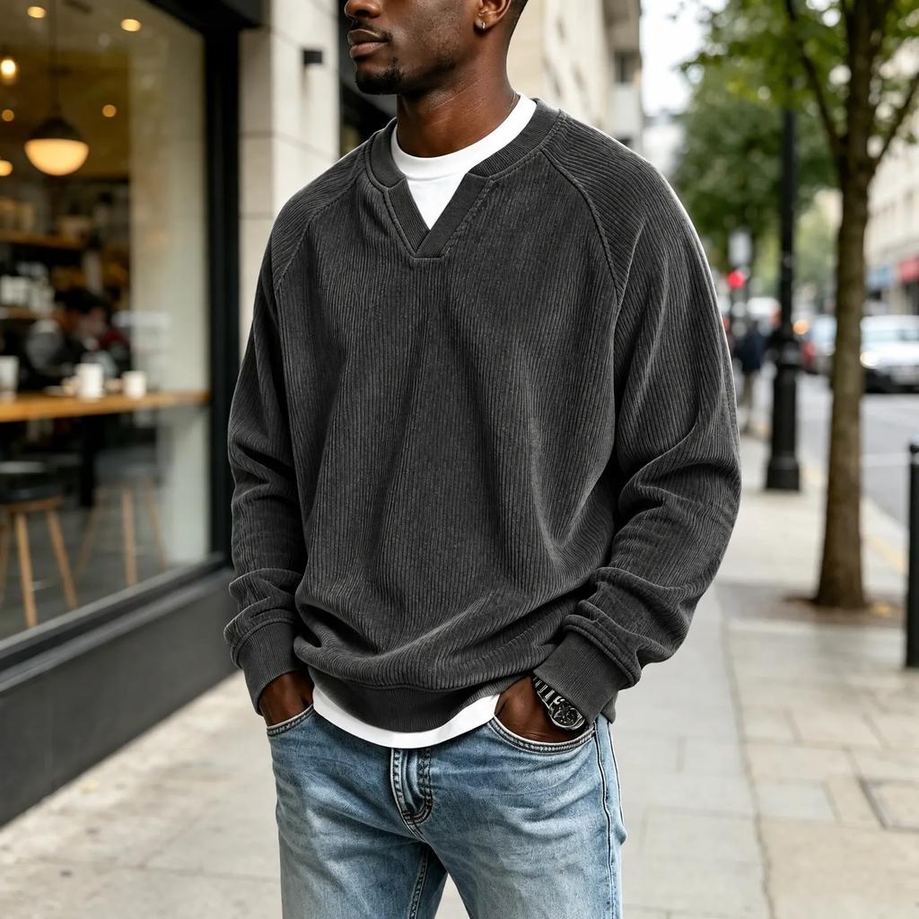 Men's V-neck Faux Two Piece Corduroy Long Sleeve Casual Sportswear T-shirt