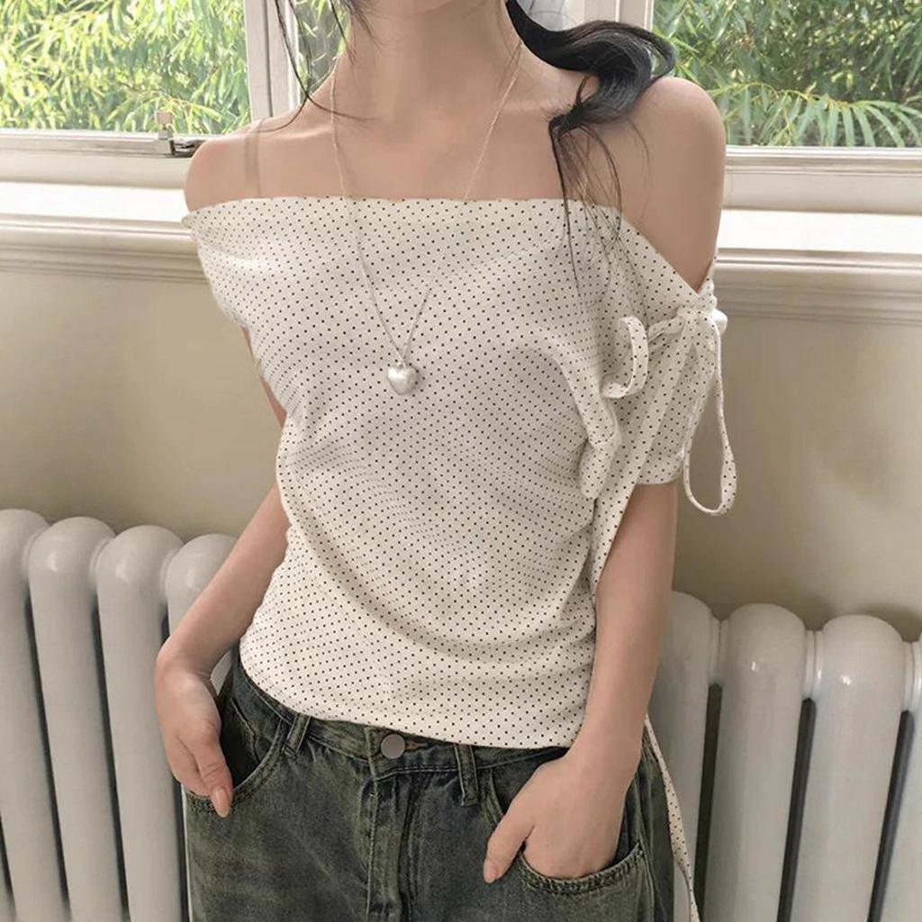 Sweet Girl Contrasting Polka Dots Asymmetrical Off-the-shoulder Lace-up T-shirt Women's Summer Korean Versatile Slim Slanted Shoulder Top