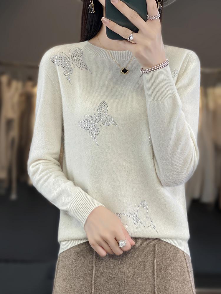 Butterfly Rhinestone Crew Neck Casual Spring Sweater for Women
