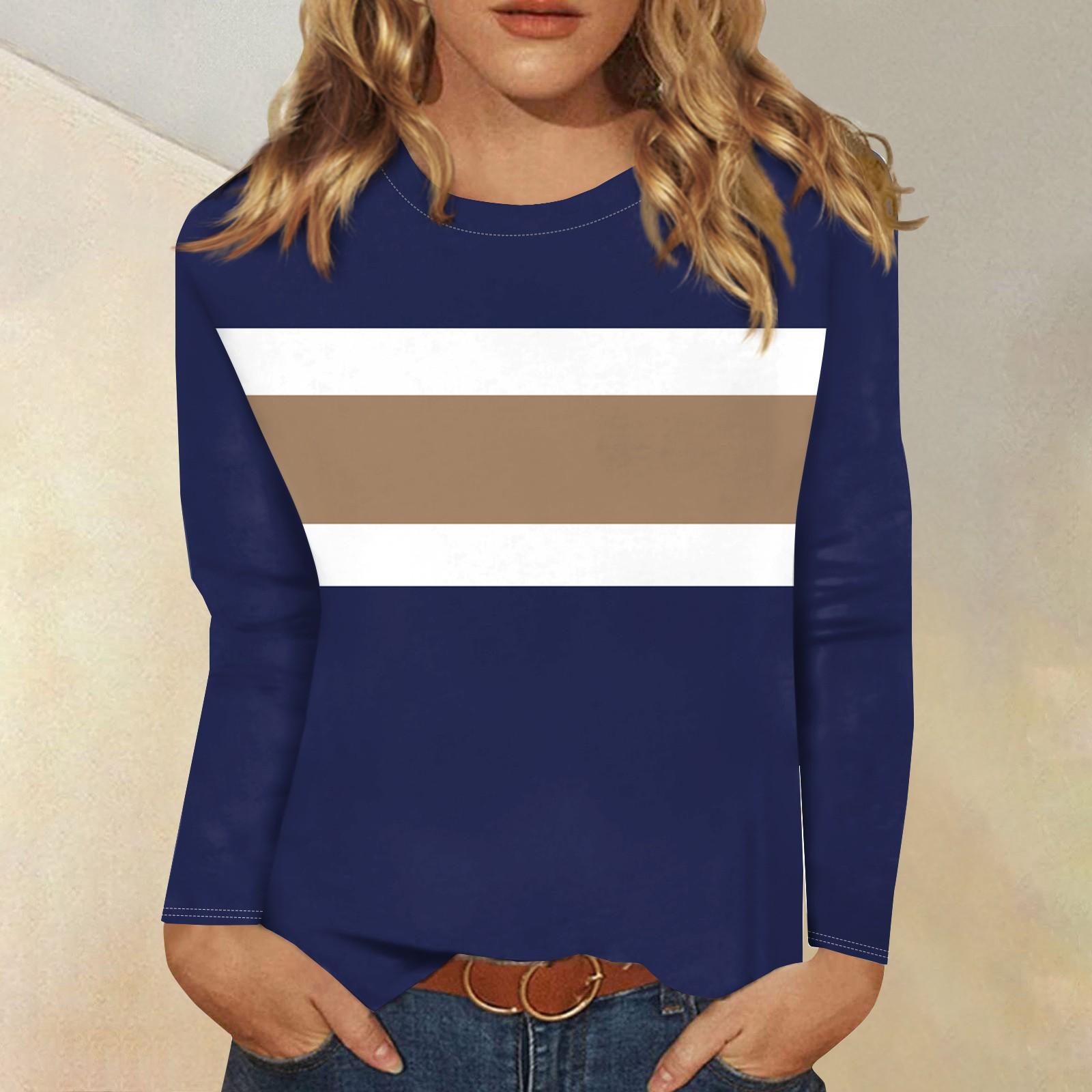 

Рубашки с длинным рукавом для женщин Милые футболки с графическим принтом Блузки Повседневные топы больших размеров Пуловеры Цветные блоки S тёмно-синий