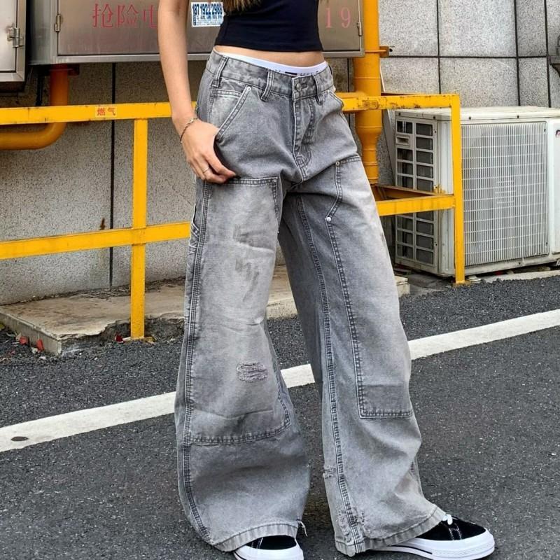 Mens Relaxed Fit Straight Leg Denim Pants Vintage Patchwork Washed Cotton Workwear Style