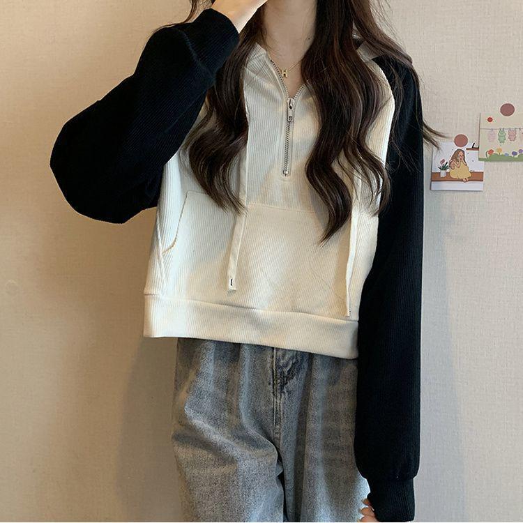 Plus Size Women's Color Block Hoodie with Patchwork Raglan Sleeves - Autumn/Winter 2025 Korean Style Zippered Hooded Top