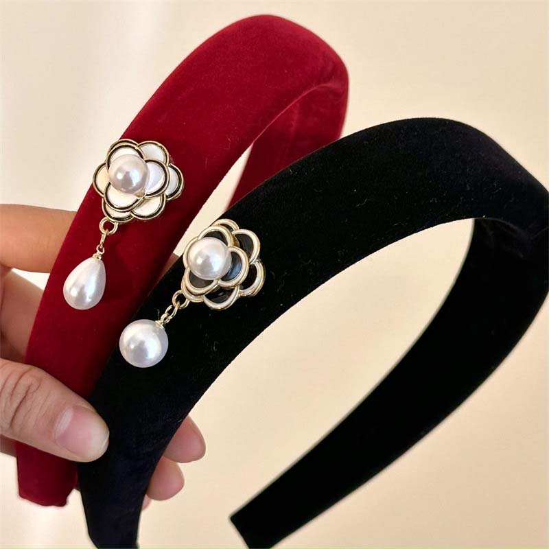 Korean Black Velvet Camellia Flower Headbands for Women Girls Elegant BB Clip Pearl Hairband Headwear Hair Accessories