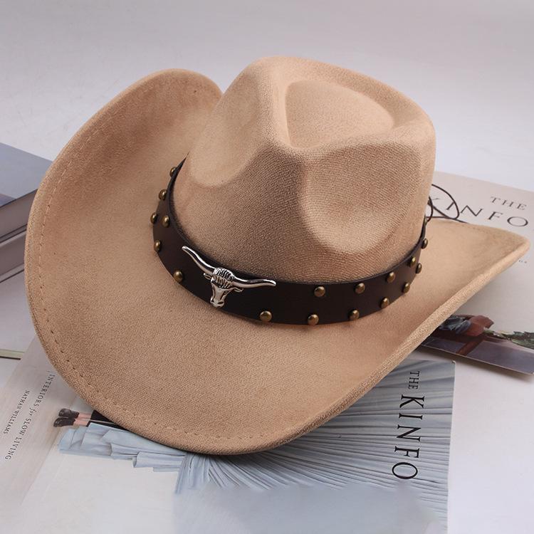 Western Cowboy Style Tibetan Bull Head Accessories Fashion Top Hat Autumn/Winter New Collection Deer Skin Velvet Large Edge Riding Hat