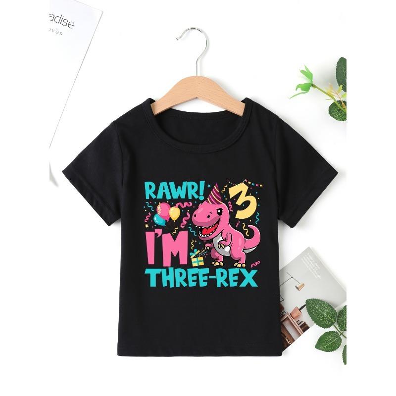 Boy's Casual T-shirt, 3rd Birthday Dino Print Comfortable Short Sleeve Crew Neck Top, Boys Summer Clothing