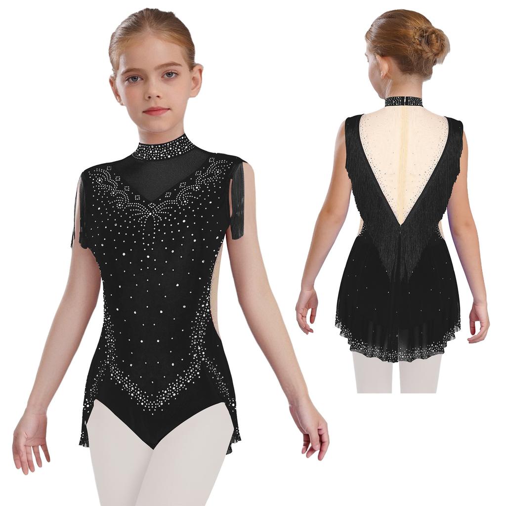 Girls Dance Costume - Shiny Rhinestone Leotard with Sheer Mesh, Invisible Back Zipper & Attached Tassel Skirt