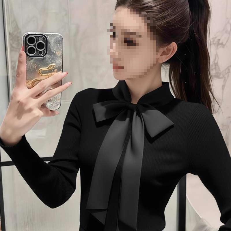 Korean Style Black Bow Stand Collar Slim Fit Long Sleeve Top for Women - Autumn/Winter Wear