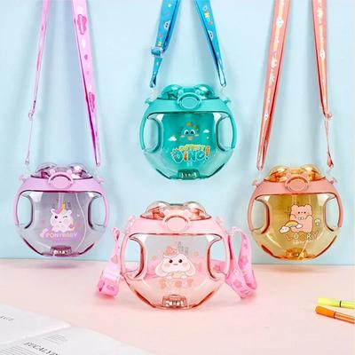 Vaso de 450 ml con forma de donut para niños, botella de agua luminosa de plástico con pajitas, botella de spray de dibujos animados para niños, botella de agua para exteriores