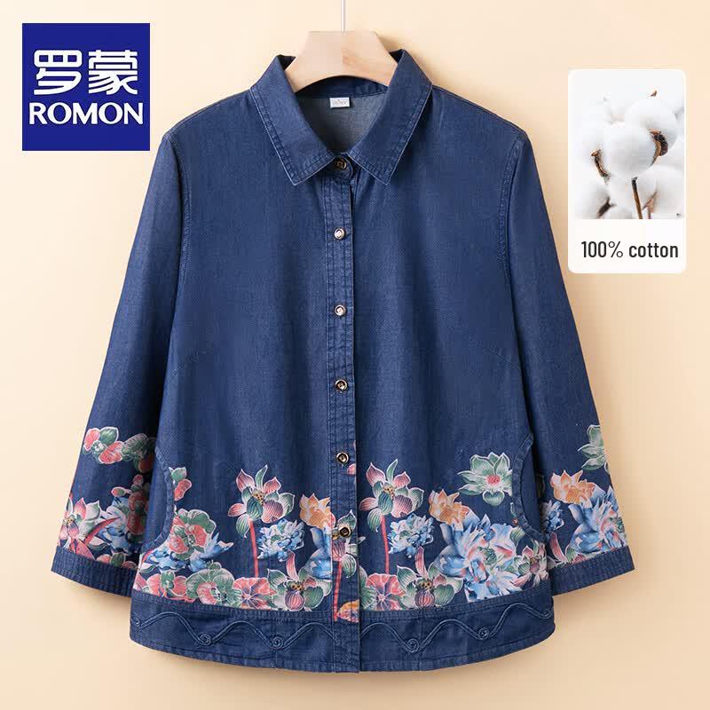 ROMON Women s Seven-Quarter Sleeve Cotton Denim Shirt XL