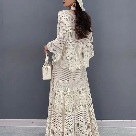 Spring Summer Women's Lace Set With Hollow Top Swing Long Skirt 2 Piece Set Elegant Lady Two Piece Set