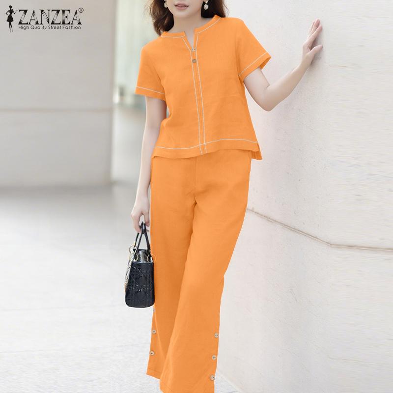 ZANZEA Bluză și pantaloni cu mâneci scurte pentru femei Seturi de costume din două piese de vară
