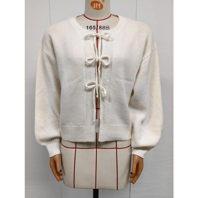 Solid Color Round Neck Lace Up Long Sleeve Knit Cardigan Sweater For Women