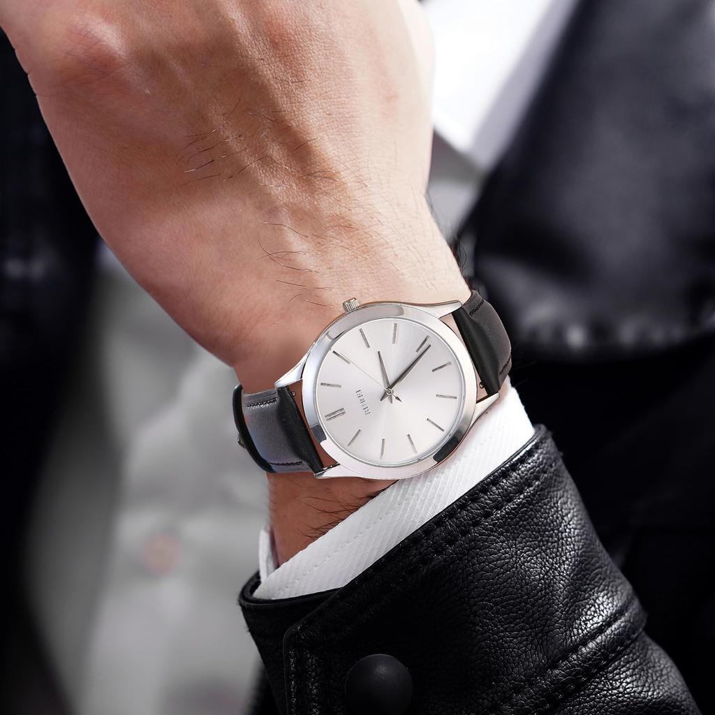 BUREI Analog Quartz Leather Gift Men's Watch, Waterproof, Popular, Simple, Stylish, Business, Casual, Strap, (Silver, Black, Leather)