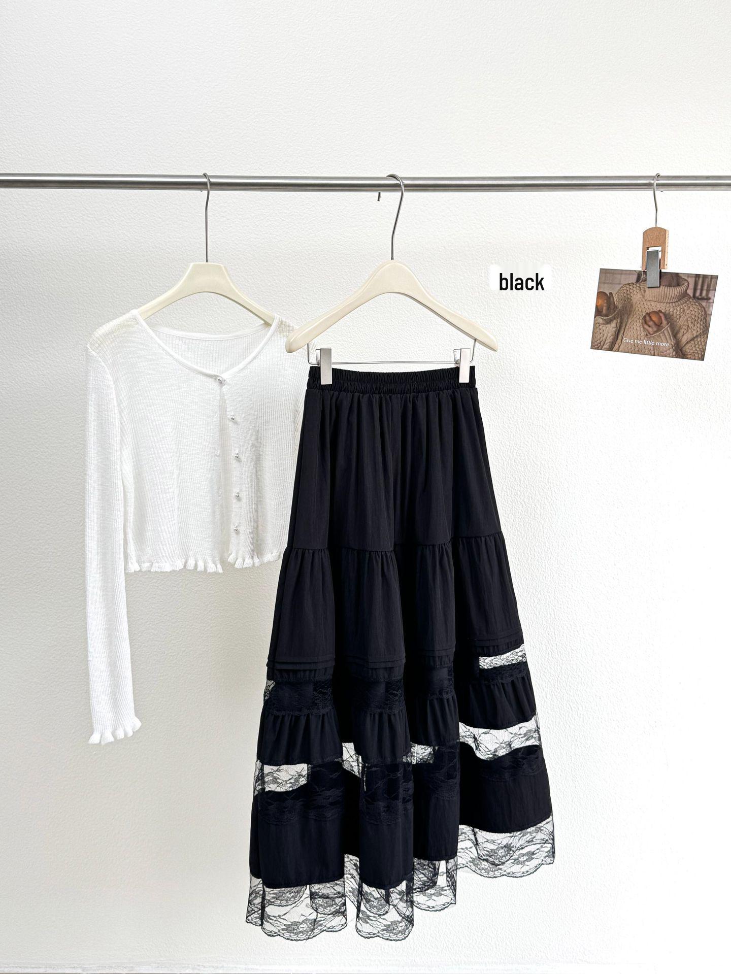 

Patchwork Lace Trim A-line Midi Skirt - Spring Summer Fairy Dress for Beach Vacation One Size чорний