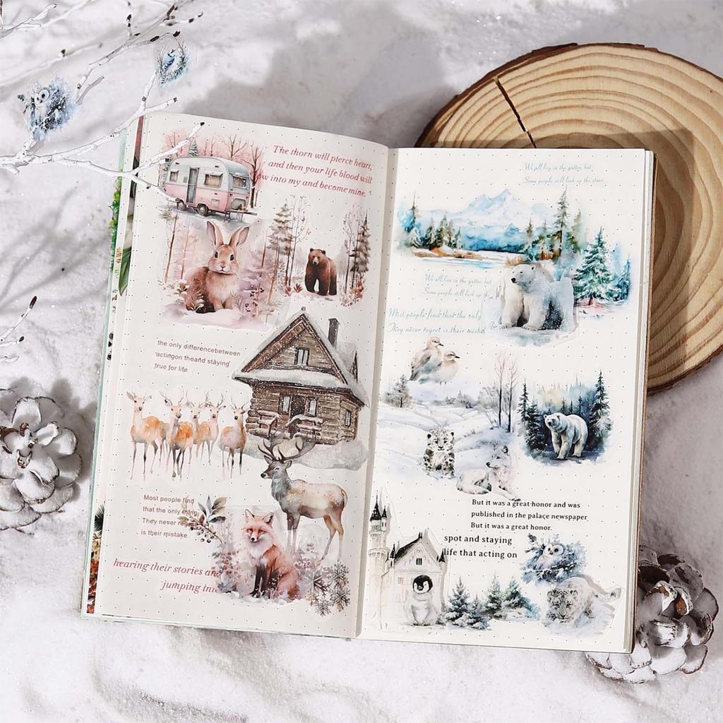 Kigofora Snölandsskog Collage Genomskinlig PET Djurskog Snölandskap Serie Flake Mokkiri Vinterskog Rulle DIY Dekorativa Klistermärken för Gåva