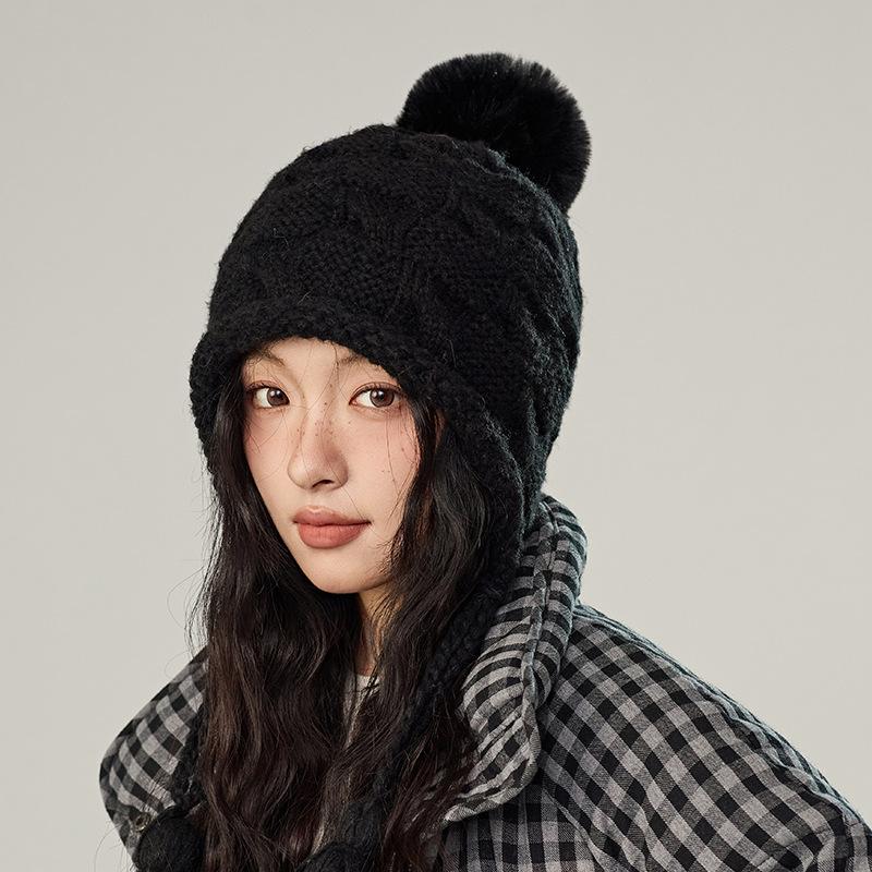 Winter Solid Color Fringed Hairball Knitted Hat Women's Wool Hat Fashion Ear Hat