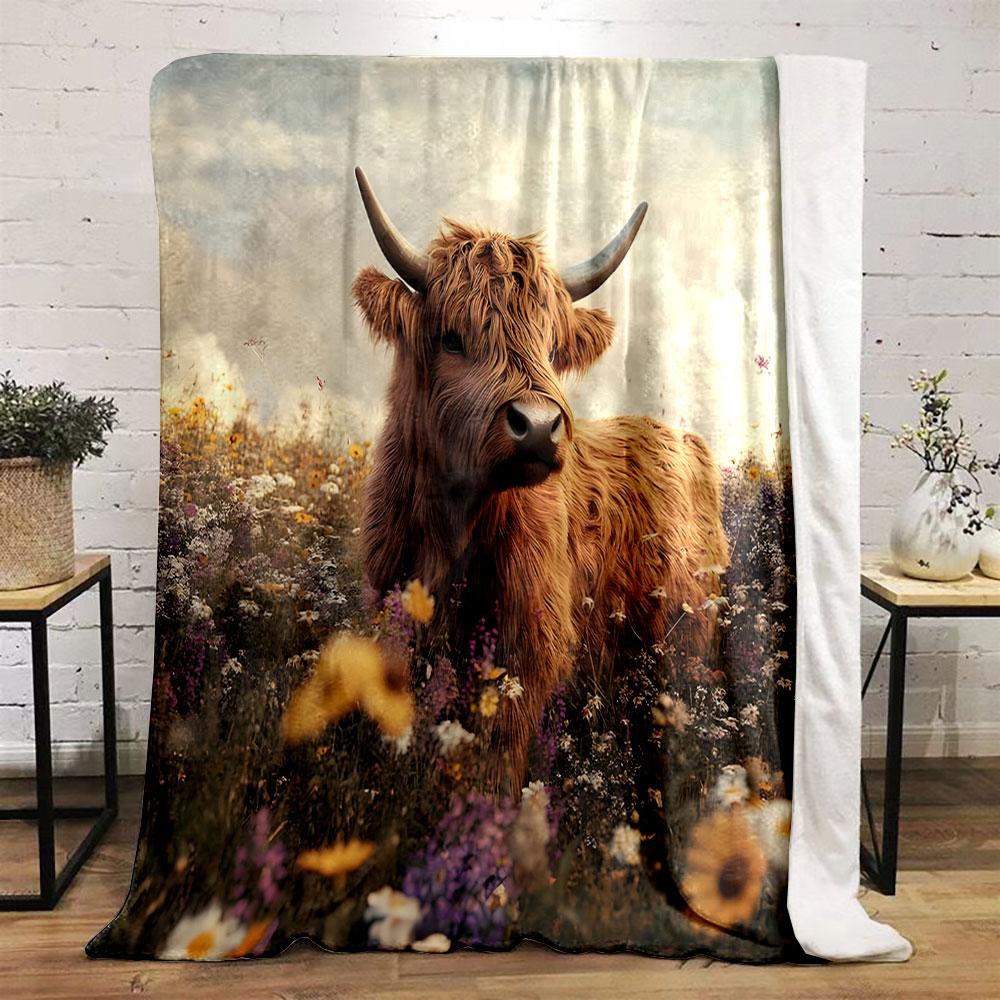 Highland Cow In a Flower Field Print Blanket Soft and Cozy Perfect for the Living Room Bed Sofa or a Nap,gift