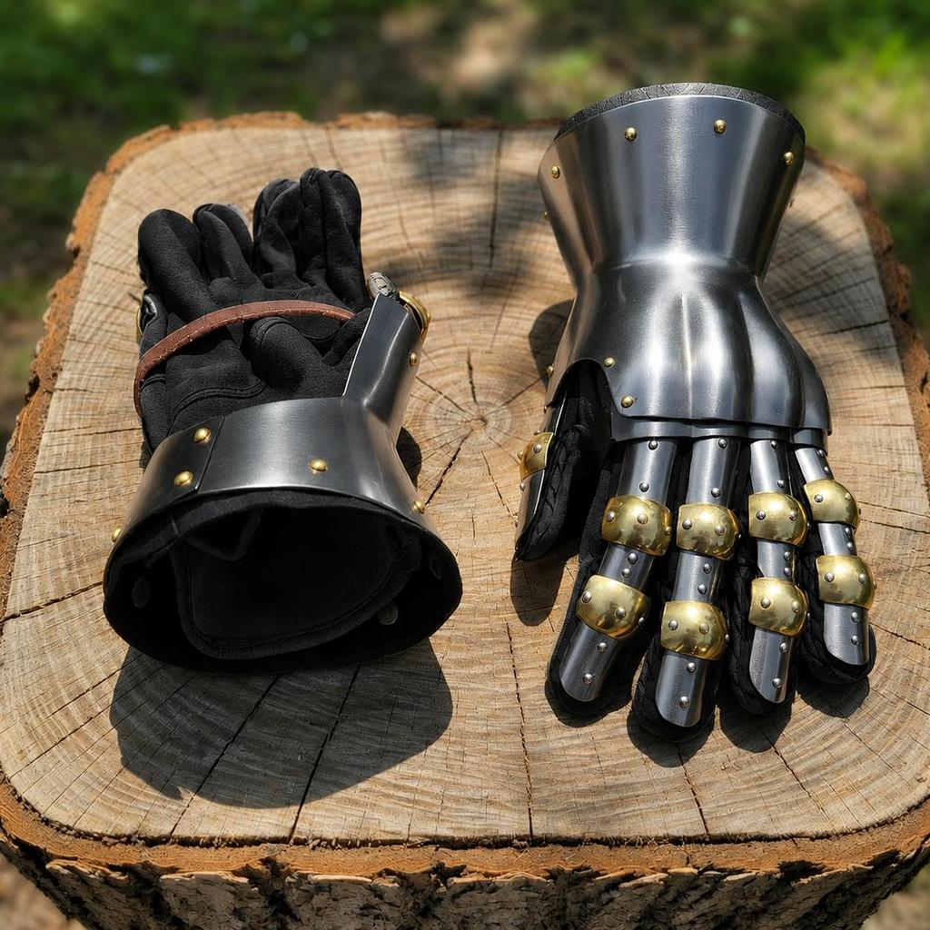 Churburg Medieval Gauntlets – Handcrafted 16G Steel Knight Armor Gloves with Brass Accents