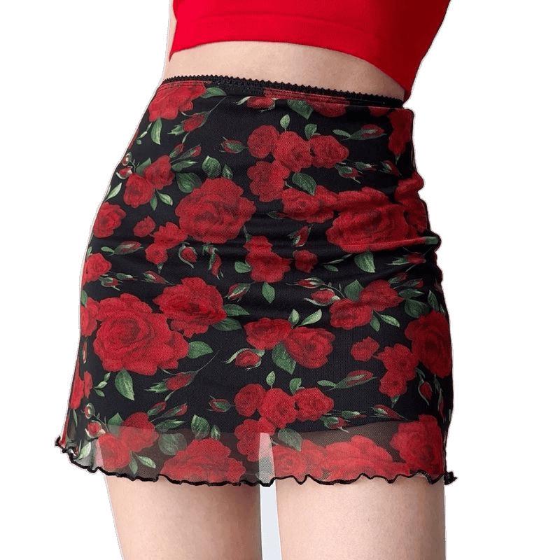 American Spicy Girl Rose Print Mesh High-Waisted Bodycon Mini Skirt for Women