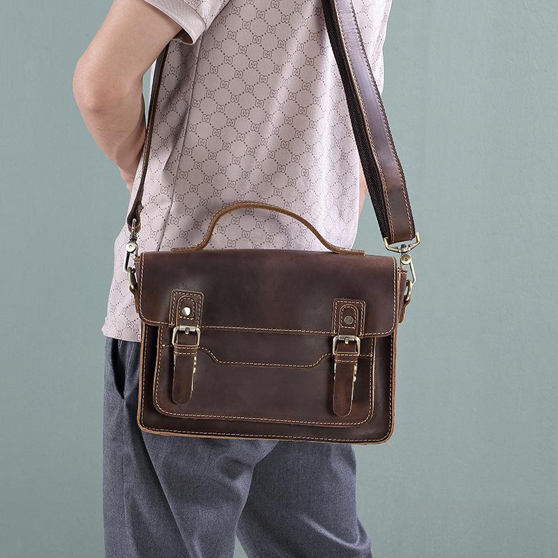 Crazy Horse Head Layered Leather Men's Personalized Postman Bag Men's Single Shoulder Crossbody Magnetic Buckle Small Bag Square Bag Business Handheld