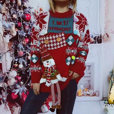 Foreign Trade Autumn and Winter New Thick Christmas Sweater Hand Decorated Button Letters Snowman Doll Pullover Sweater for Women 3525