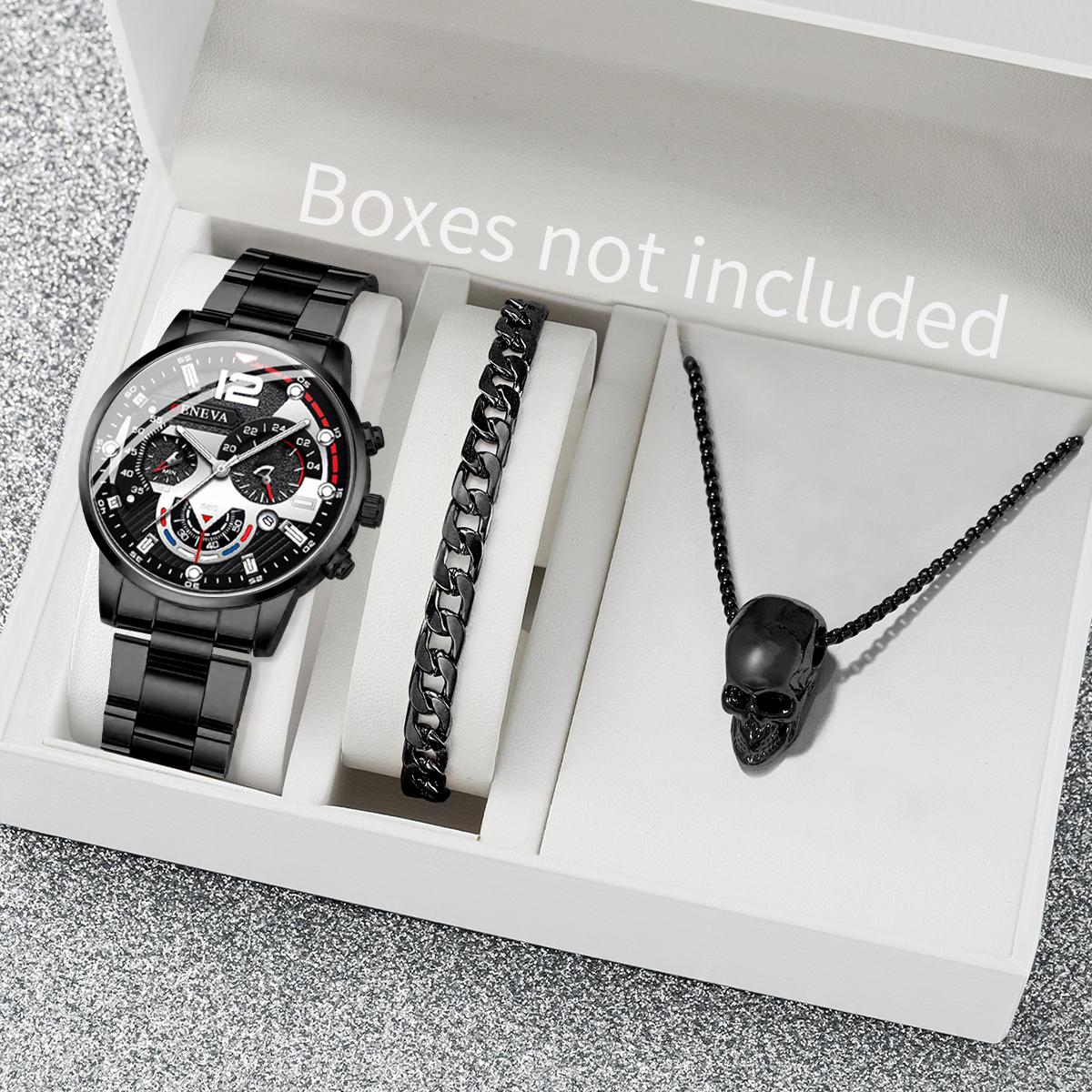 3pcs/set Fashion Men s Watch Set Handsome Hip Hop Style Business Men s Quartz Watch with Bracelet Skull Necklace Set No Box чёрный