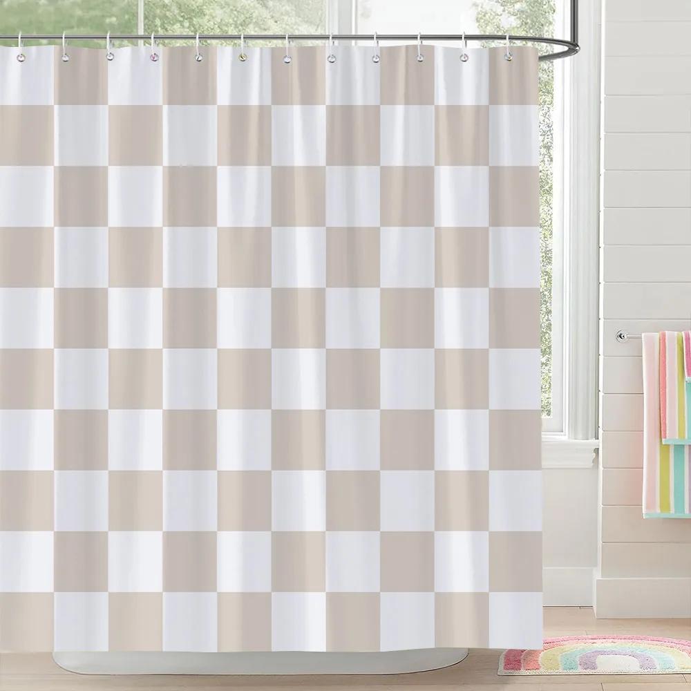 Square and Abstract Line Shower Curtain Geometric Patterns Simple Modern Polyester Fabric Bath Curtain with Hooks Bathroom Decor