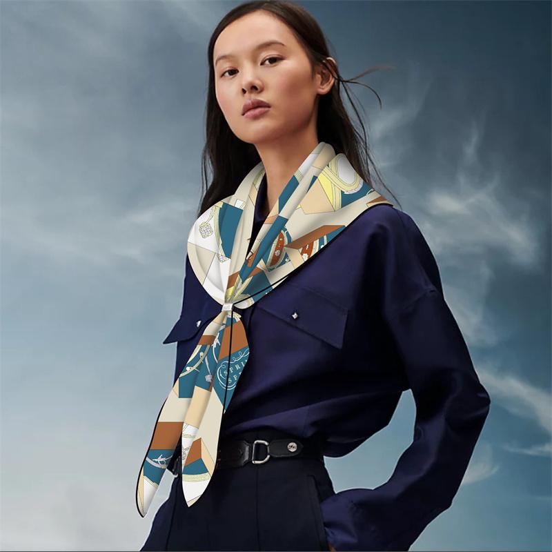 POBING Silk Scarf Women Geometric Triangle Scarves Head Echarpes Silk Foulards Femme Wraps Beach Shawls Bandana Lady Hijabs