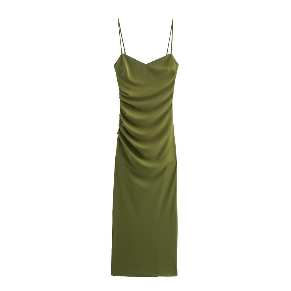 European and American style summer new French green temperament slim pleated Midi suspender dress