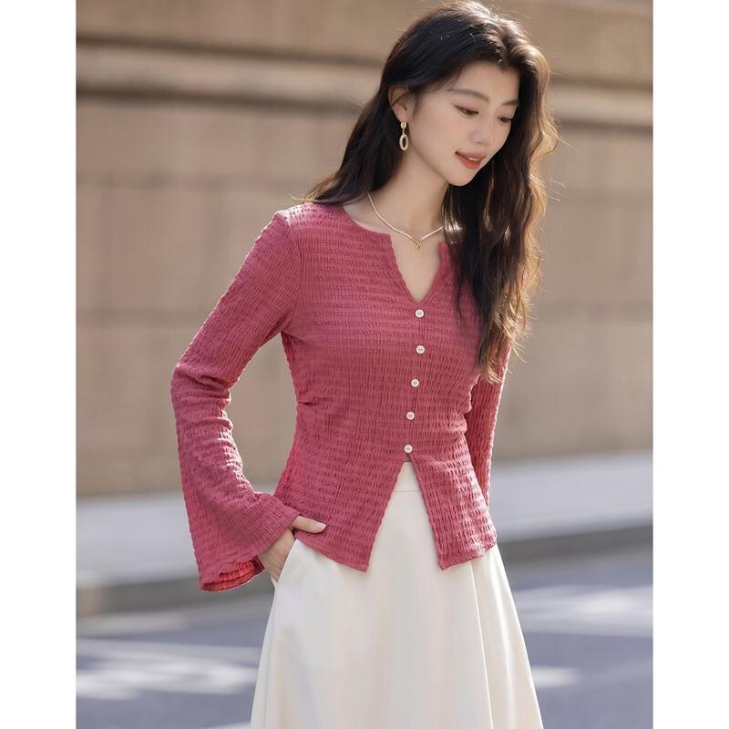 Elegant V-Neck Pleated Slim-Fit Long Sleeve T-Shirt