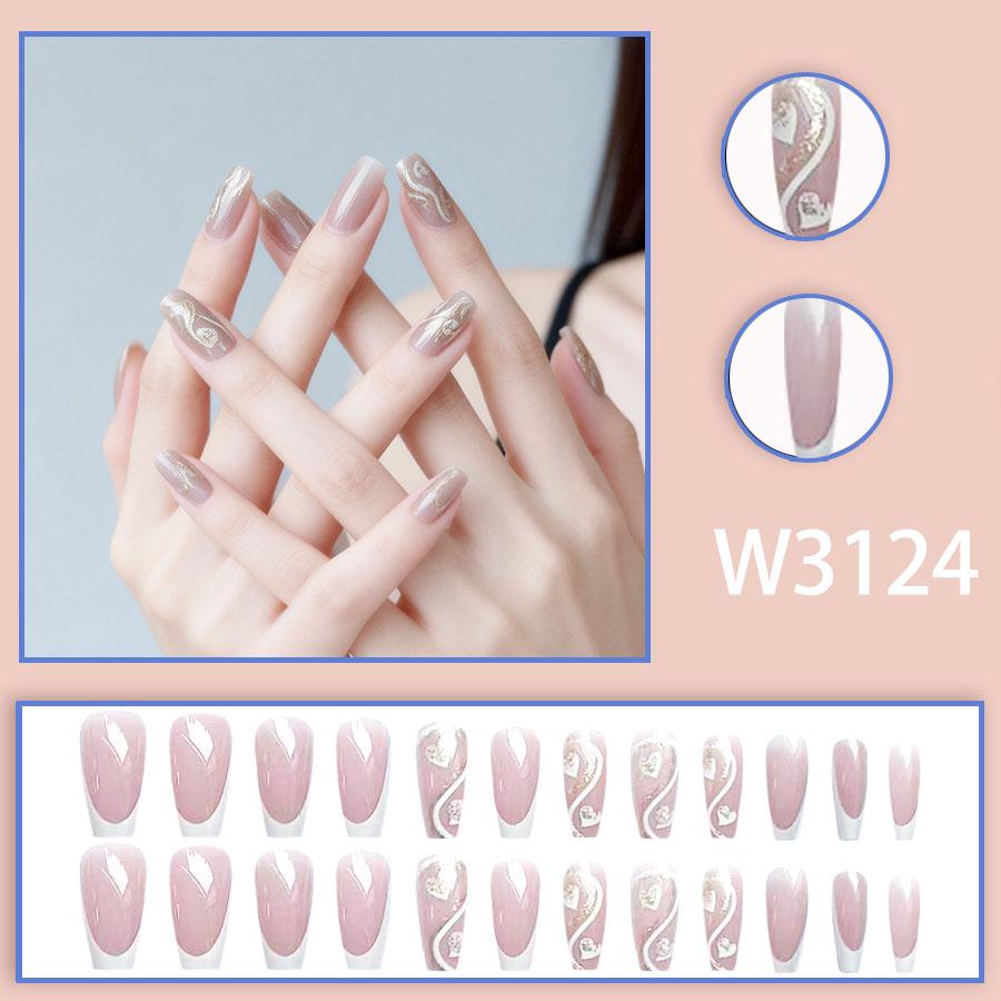 

24-Piece Best-Selling Pink Heart and Color Block Cute Style Wearable Nails with Whitening Effect