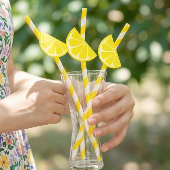 20 Stück Zitrusfrüchte Papierstrohhalme, Zitrone Orange Scheiben Deko Strohhalme für Geburtstagsparty, Einwegstrohhalme für Saft Cocktails
