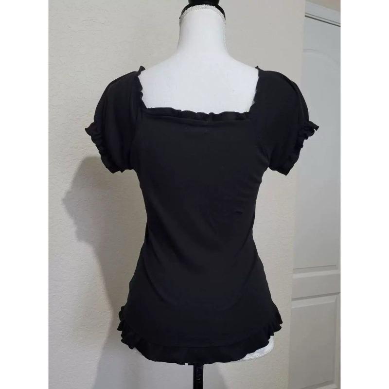 Vintage Black Fashion Bow Sweet Blouse Women Short Sleeve Square Neck Slim Chic Tops New Elegant Casual Y2K Retro Outfits 2025