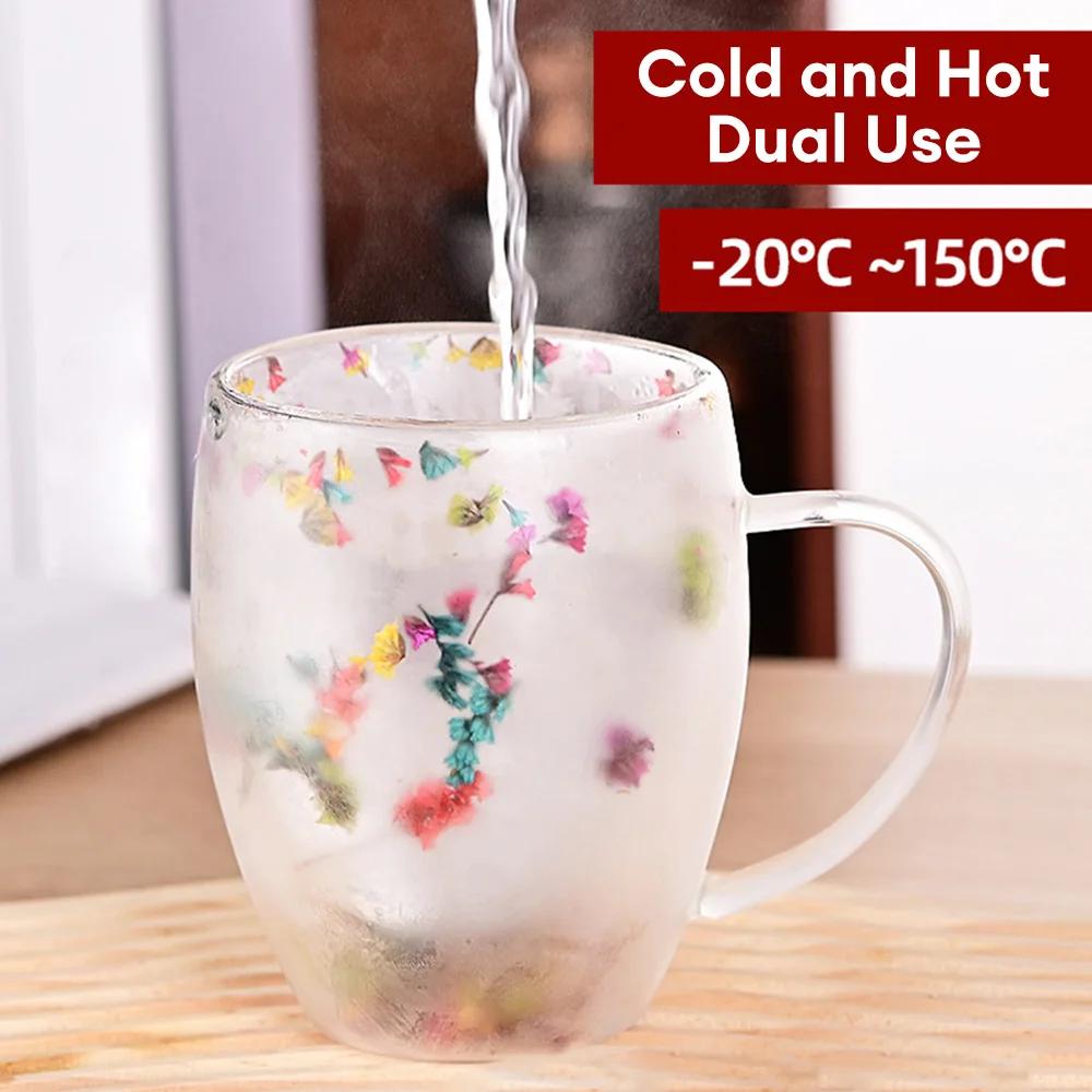 350ml Double Layer Glass Cup with Dry Flower Decoration and Exquisite Drinking Coffee Insulated Drinkware Kitchen Supply