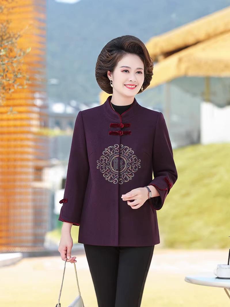 

Year of the Rat Mother-in-law Woolen Coat: Autumn/Winter Wedding Tang Suit for Middle-aged and Elderly Women, New Chinese Style for Spring L (105-120 lbs)