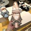 Bow Crystal Women Square Toe Sandals Flats Marie Janes Shoes Elegant Summer 2025 Trend Dress Party Shoes Lolita Loafers Zapatos
