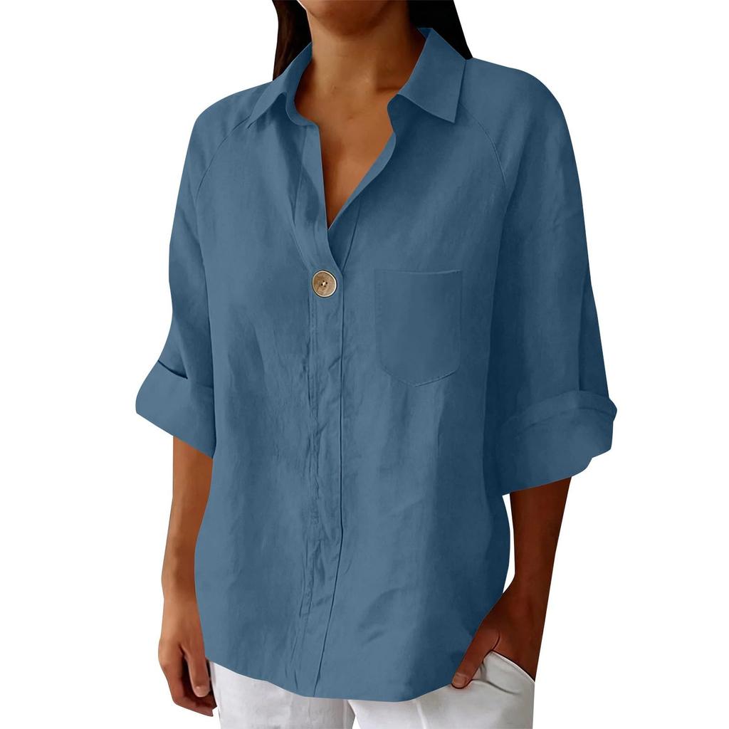 Women's Summer Casual Loose-Fit -Color Top With Collar, V-Neck, And 3/4 Sleeves