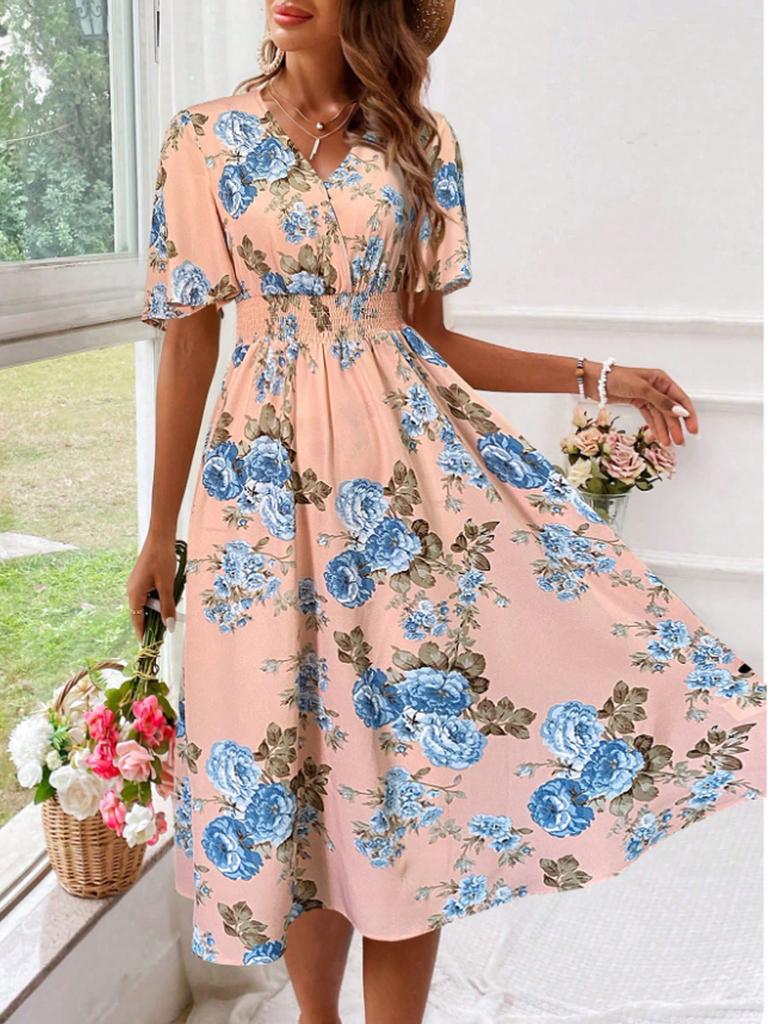 Women's Floral Print V-Neck Short Sleeve Elastic Waist A-Line Dress