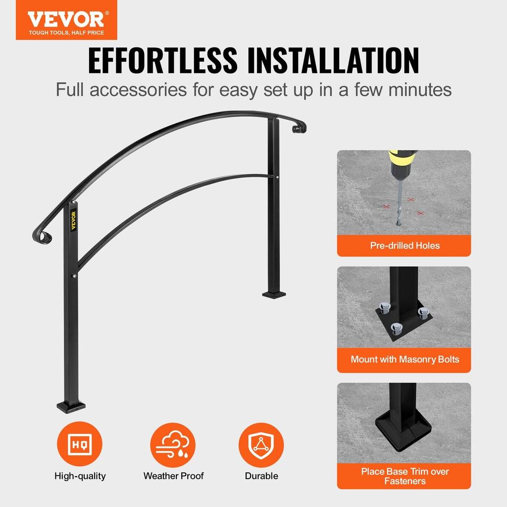 Adjustable Wrought Iron Transition Handrail Matte Black 4FT Fits 4 Steps