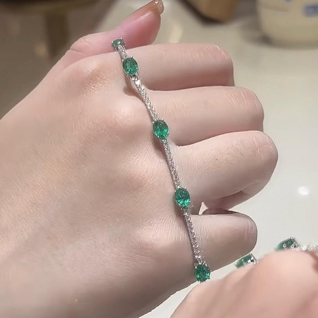 Nuovi Vintage 100% Puro Argento Sterling 925 17cm Pavé Zirconia 5a Pietra Preziosa Smeraldo Braccialetti Per Donne Lusso Gioielli Raffinati