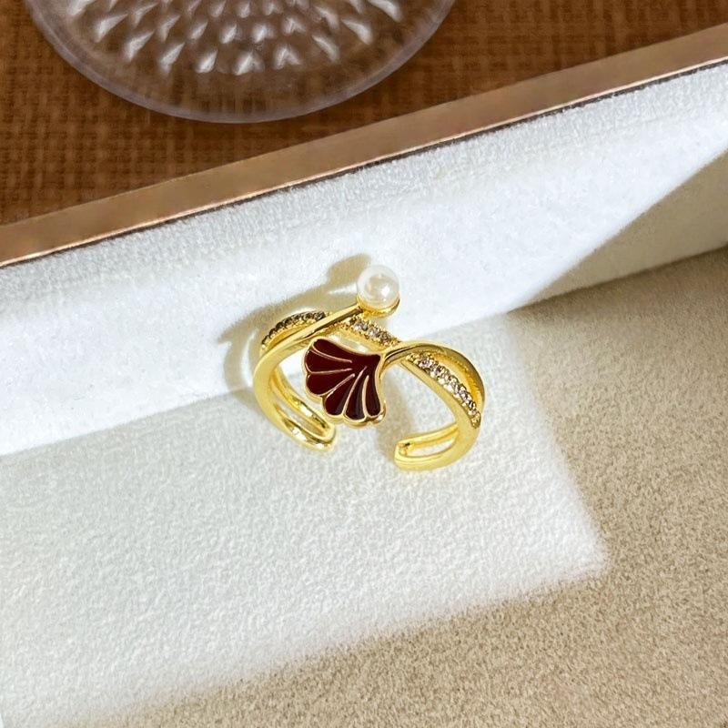 

2026 Retro Red Drop Glaze Ginkgo Biloba Flower New Ring Women s Geometric Fashion Light Luxury White Exquisite Index Finger Ring Resizable