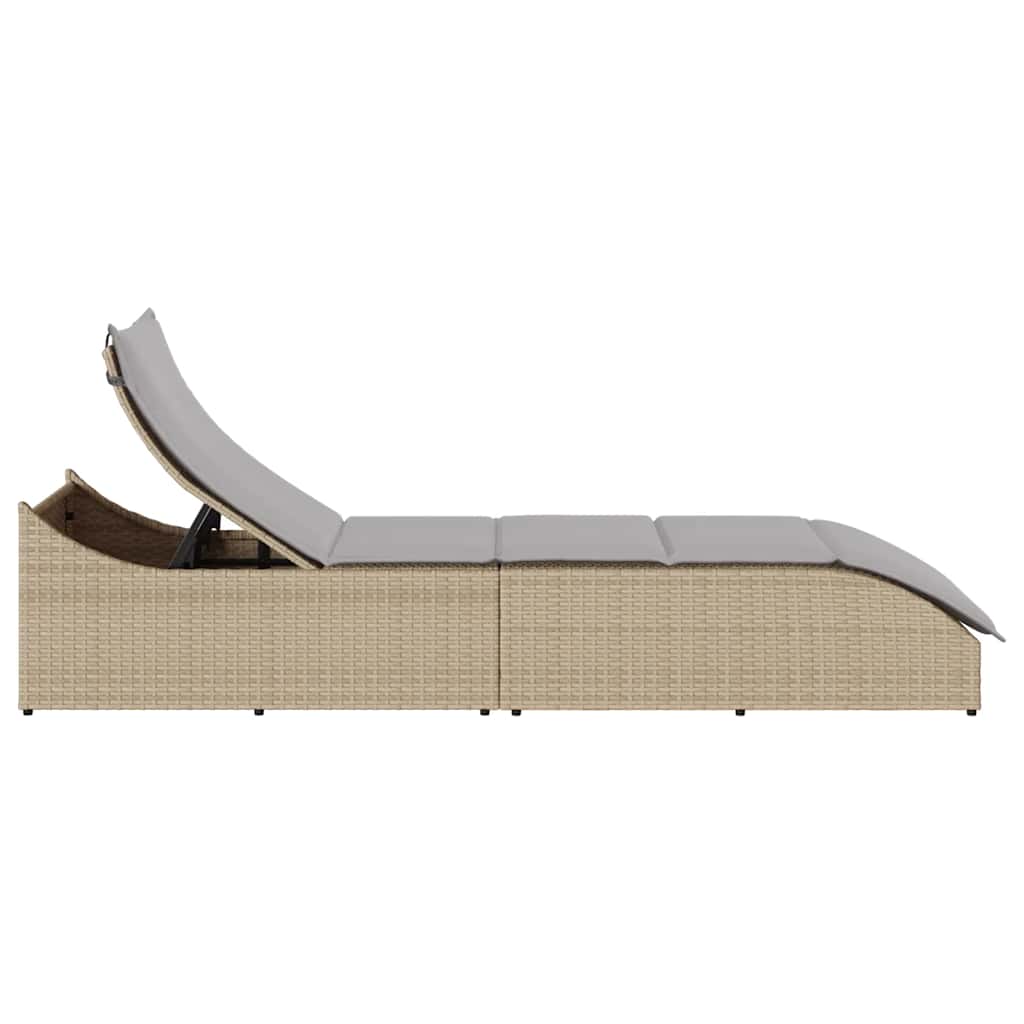 Folding Sun Lounger with Cushion and Storage Space Beige Poly Rattan